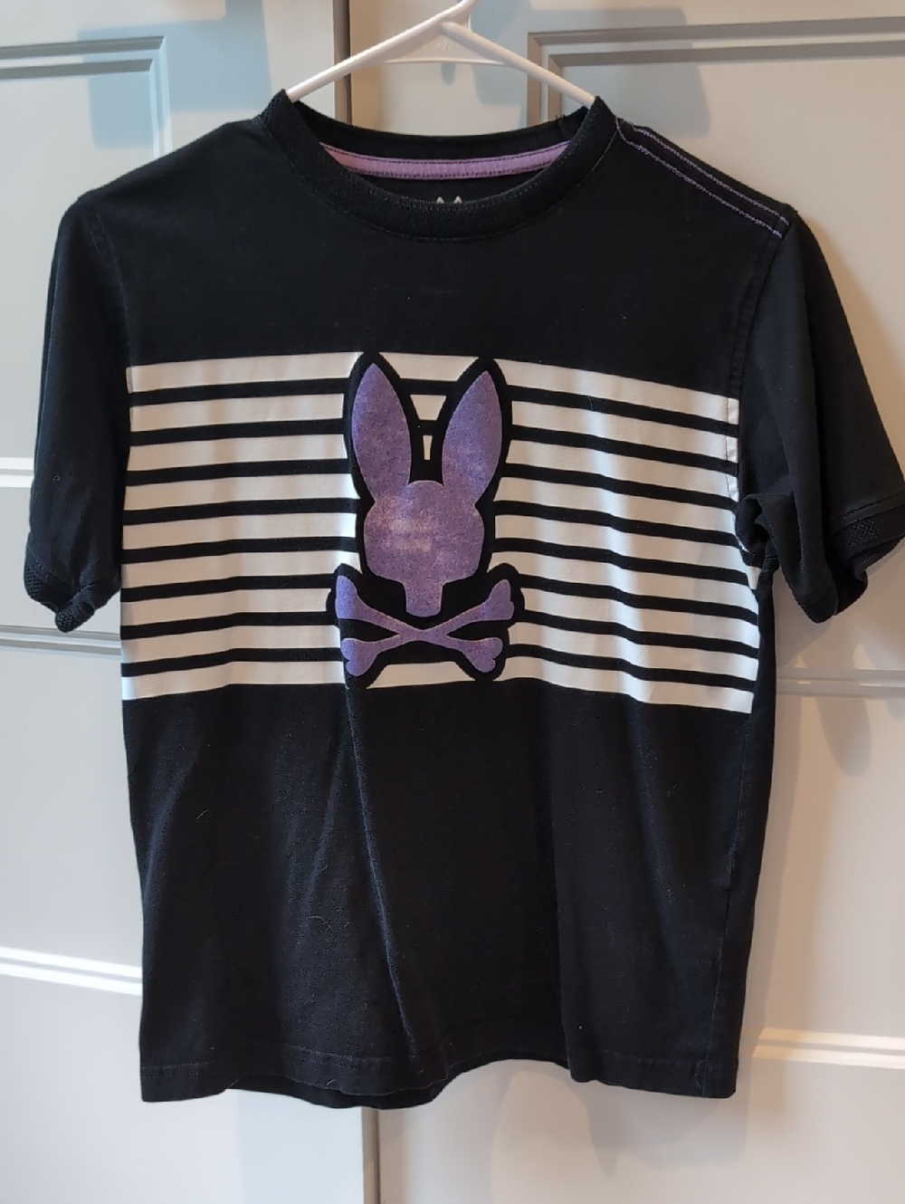 Psycho Bunny Black Tee with Purple Bunny Skull and White Stripes